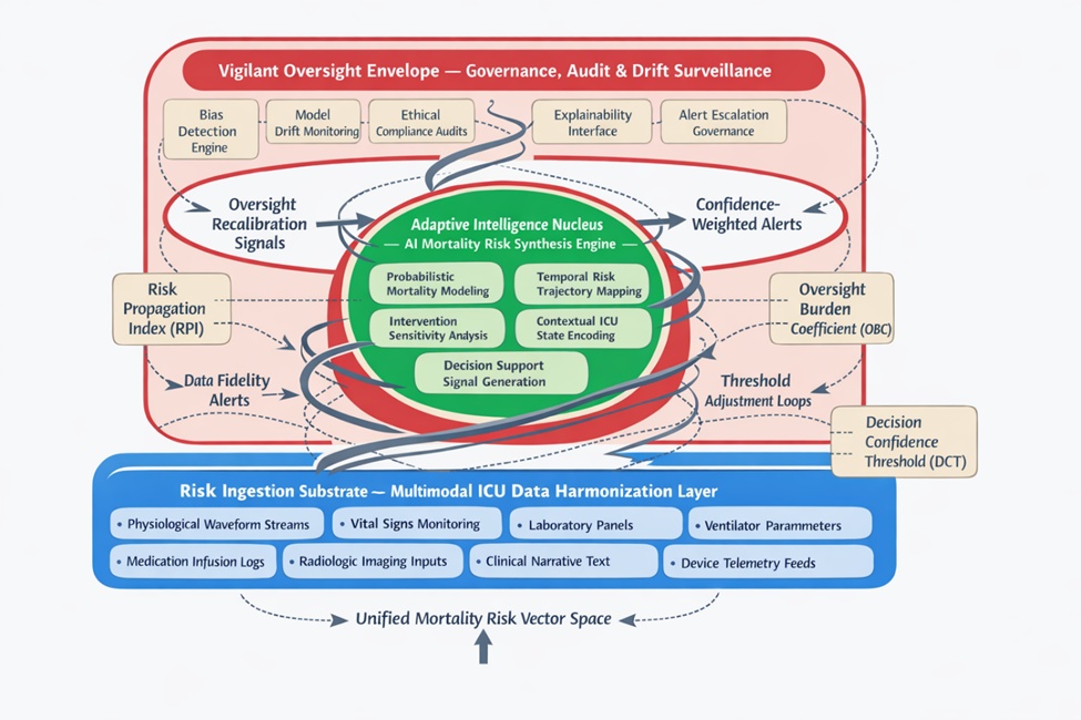 Figure 1. Mortality risk intelligence oversight (MRIO) model: tripartite governance architecture with helical feedback topology.
