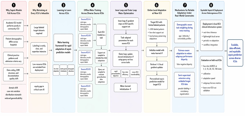 Figure 1. Hierarchical meta-learning architecture for rapid cross-ICU adaptation of sepsis prediction under data scarcity and demographic shift