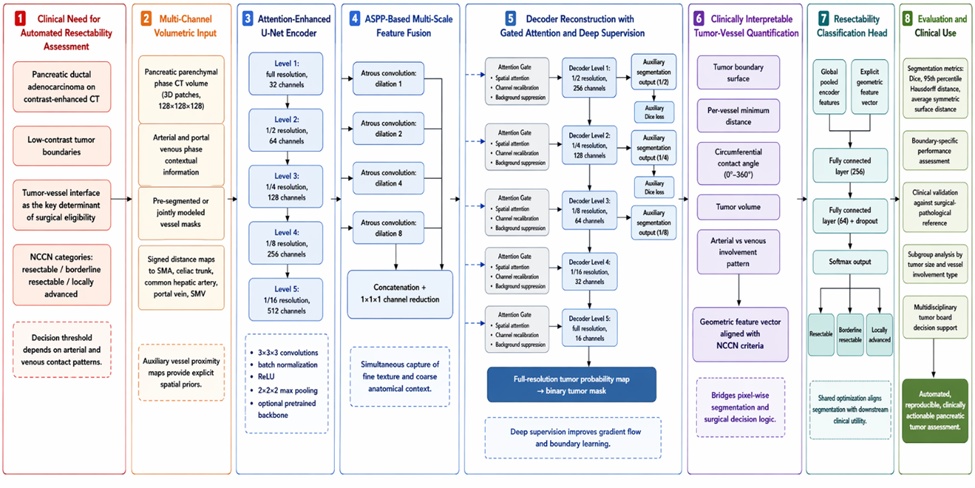 Figure 1. Conceptual Architecture for Attention-Enhanced Deep Supervision in Pancreatic Tumor Segmentation and NCCN-Aligned Resectability Assessment from Contrast-Enhanced CT