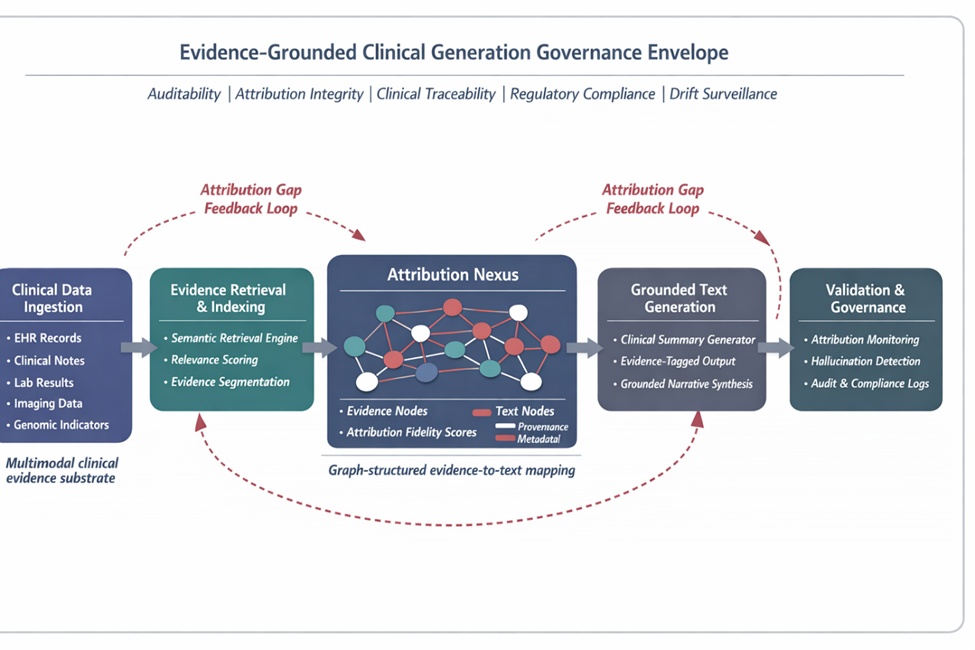 Figure 1. Evidence-line attribution grounding (ELAG) architecture for traceable retrieval-augmented clinical summarization