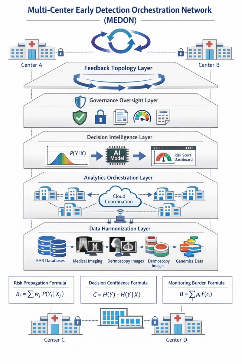 Figure 1. Conceptual architecture of the multi-center early detection orchestration network (MEDON). The MEDON framework is depicted as a five-layer intelligence architecture for federated multi-center cancer screening ecosystems. The data harmonization layer integrates heterogeneous inputs (EHRs, imaging, genomics), followed by the analytics orchestration layer, enabling federated processing without centralized data migration. The decision intelligence layer produces probabilistic risk outputs, overseen by the governance oversight layer, which embeds auditability, bias monitoring, and regulatory compliance. The governance oversight layer enables bidirectional adaptive refinement across layers. Distributed clinical centers are interconnected through secure interoperability nodes, illustrating risk propagation and confidence dynamics across the network. The structural components and their theoretical roles are summarized in Table 1.