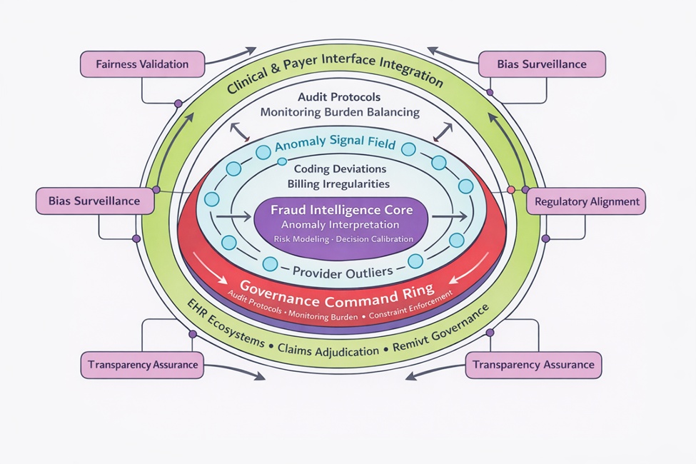 Figure 2. Governance–anomaly co-evolution topology within the ARCGI. The figure depicts a circular intelligence core interpreting emergent anomaly signals, encircled by governance command structures and ethical oversight nodes. Bidirectional feedback channels illustrate adaptive recalibration between fraud intelligence, policy enforcement, and clinical–payer interfaces, highlighting the dynamic governance maturation processes discussed in anomaly-aware claims ecosystems.