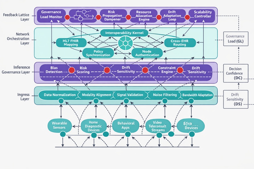 Figure 1. Telehealth AI governance lattice (TAGL) architecture for AI-embedded remote patient monitoring networks.