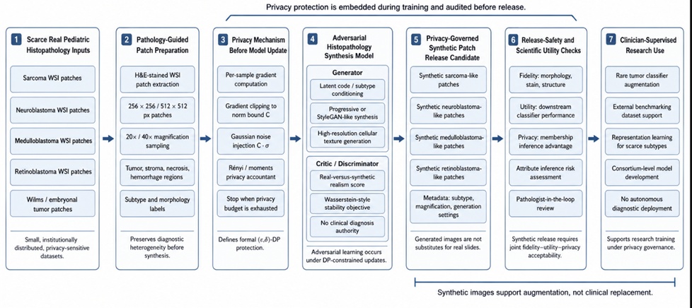 Figure 1. Differentially Private GAN Framework for Synthetic Rare Pediatric Tumor Histopathology Generation