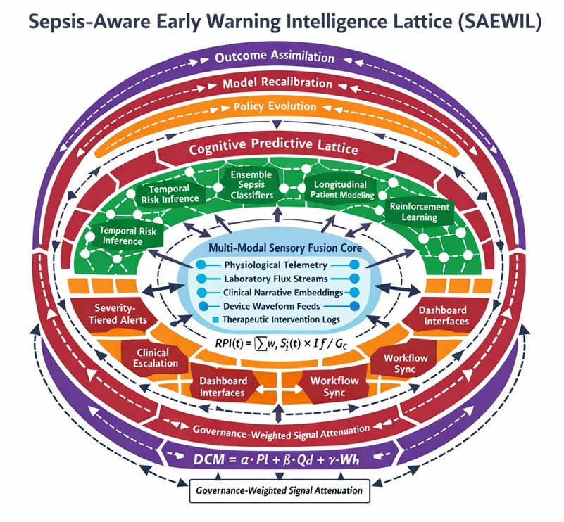 Figure 1. Sepsis-aware early warning intelligence lattice (SAEWIL): systems-level orchestration topology for ICU monitoring.