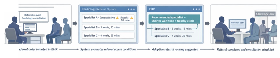 Figure 1. Clinical workflow of equity-aware specialist referral within an adaptive referral intelligence system.