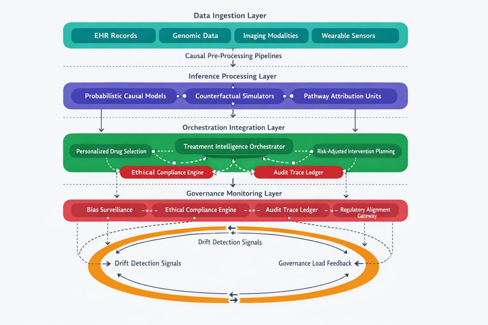 Figure 1. Causal orchestration network for treatment intelligence (CONTI) architecture.The schematic illustrates a five-layer causal pathway model for personalized treatment orchestration. Multimodal clinical data are ingested through causal preprocessing pipelines before entering inference engines that compute probabilistic cause–and–effect relationships. Orchestration layers synthesize these pathways into personalized treatment strategies, while governance monitoring bands enforce ethical compliance, bias surveillance, and audit traceability. Encircling feedback loops enable adaptive recalibration through drift detection, decision confidence updates, and governance load redistribution.