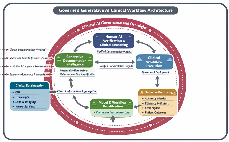 Figure 1. Governance-anchored closed-loop architecture for generative AI–augmented clinical documentation workflows