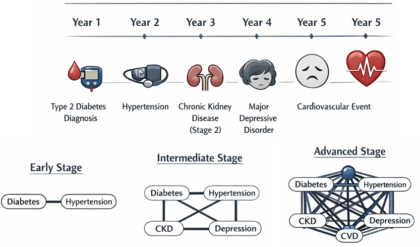 Figure 1. Longitudinal evolution of comorbidity clustering in a multimorbid patient.