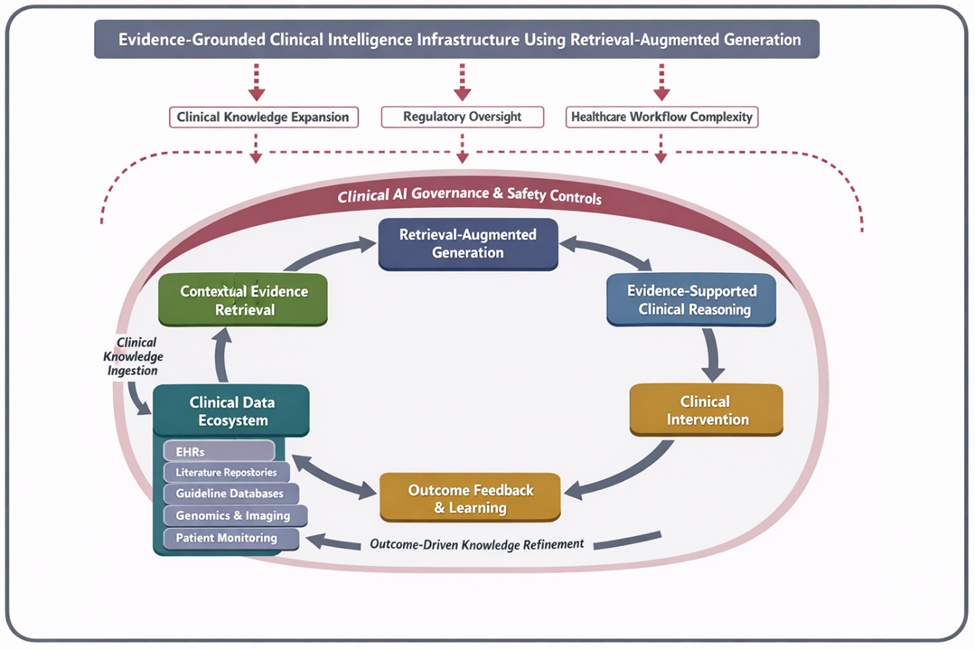 Figure 1. Closed- loop evidence-grounded clinical intelligence architecture using retrieval-augmented generation