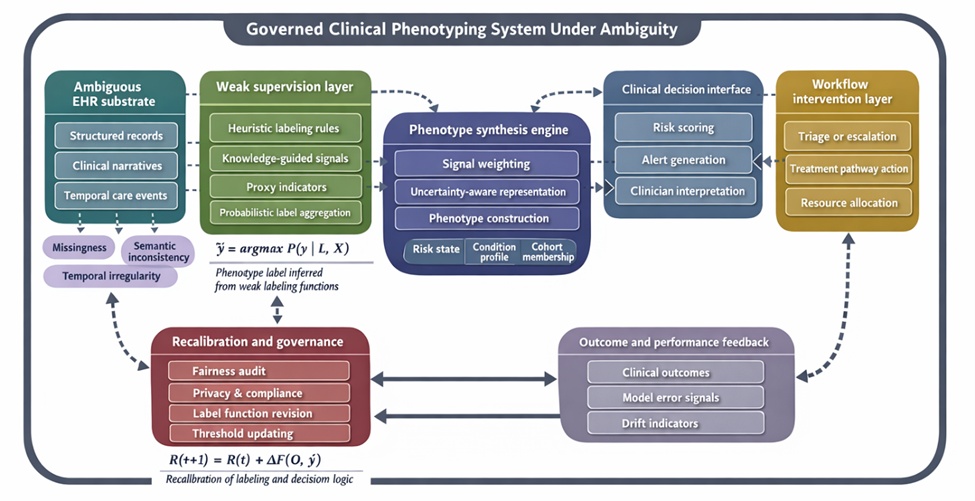 Figure 1. Closed-loop weak supervision architecture for clinical phenotyping under EHR ambiguity.