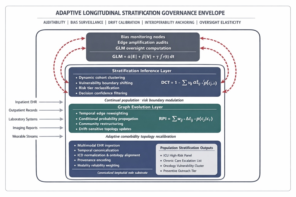 Figure 2. Governance-embedded architecture of the adaptive longitudinal stratification ensemble (ALSE) for continual population stratification.