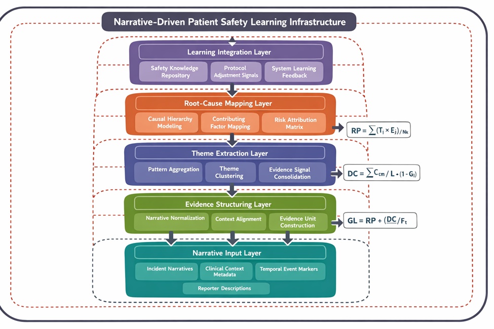 Figure 1. Structured narrative root-cause extraction network (SNRCEN): narrative-driven evidence structuring architecture for patient safety learning systems