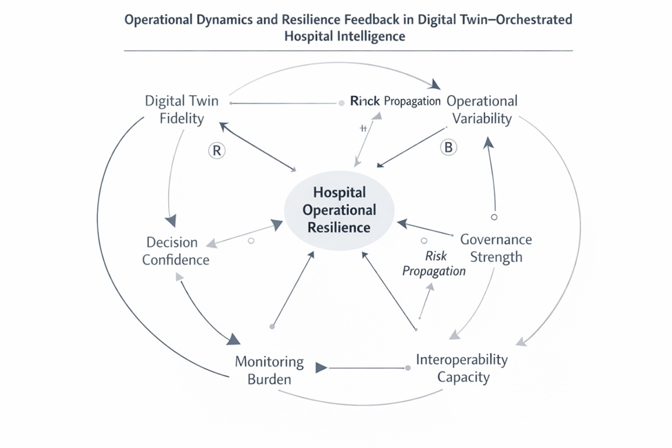 Figure 2. Operational dynamics and resilience feedback in digital twin–orchestrated hospital intelligence