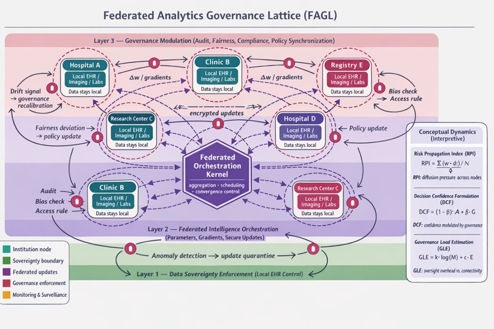 Figure 1. Federated analytics governance lattice (FAGL) for cross-institutional healthcare analytics.The schematic depicts a lattice-based federation of institutional nodes in which data sovereignty is preserved locally, while parameter/gradient exchanges enable collaborative intelligence formation without centralized data pooling. A central orchestration kernel coordinates convergence and scheduling, whereas governance modulation checkpoints enforce auditability, fairness surveillance, and policy synchronization across edges. Adaptive resonance loops recirculate drift and anomaly signals to recalibrate governance intensity and update acceptance criteria, conceptually stabilizing distributed analytics under heterogeneous institutional constraints. The right-side panel summarizes interpretive formulations for risk propagation (RPI), decision confidence (DCF), and governance load (GLE). Table 2 specifies FAGL’s functional layers as a governance-oriented system, clarifying each module’s outputs, monitoring signals, and failure modes if deployed without structured oversight.