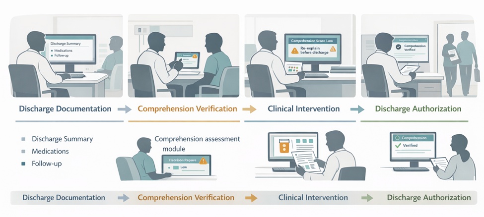 Figure 2. Clinical workflow representation of comprehension-gated discharge within AI-supported hospital systems.