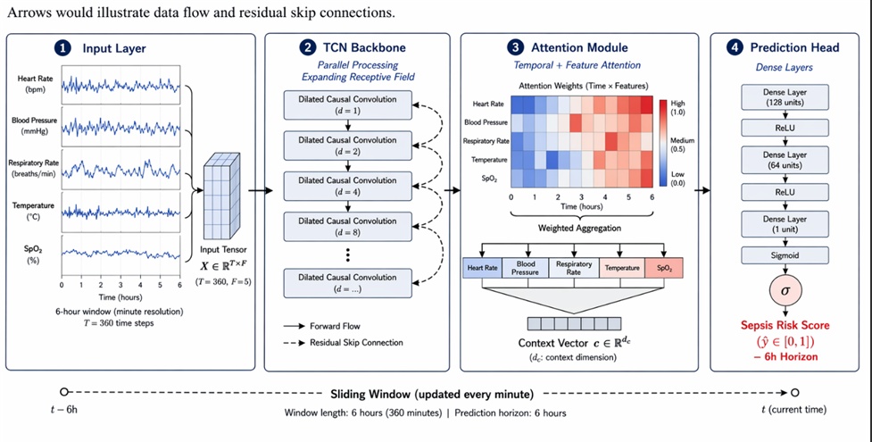 Figure 1. Hierarchical TCN–Attention Architecture for Minute-Level Sepsis Risk Prediction