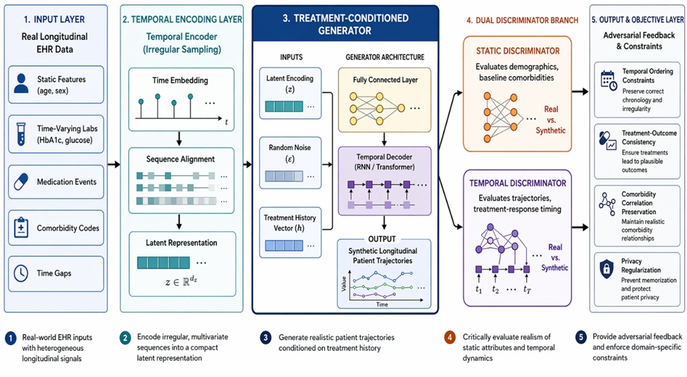 Figure 1. Hierarchical Architecture of a Treatment-Conditioned Time-Series GAN for Synthetic Longitudinal Type 2 Diabetes EHR Data
