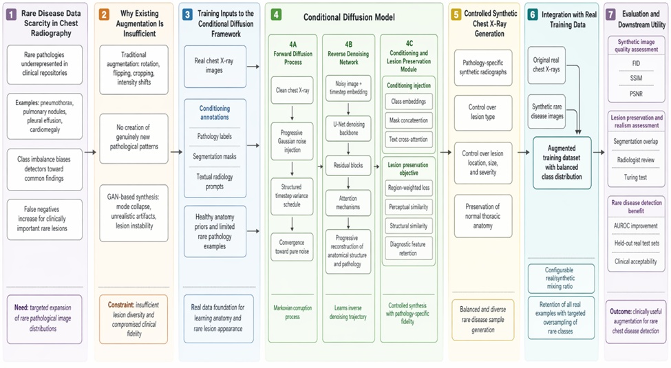 Figure 1. Conceptual Architecture of Conditional Diffusion-Based Synthetic Chest X-Ray Generation for Rare Disease Augmentation with Lesion Preservation
